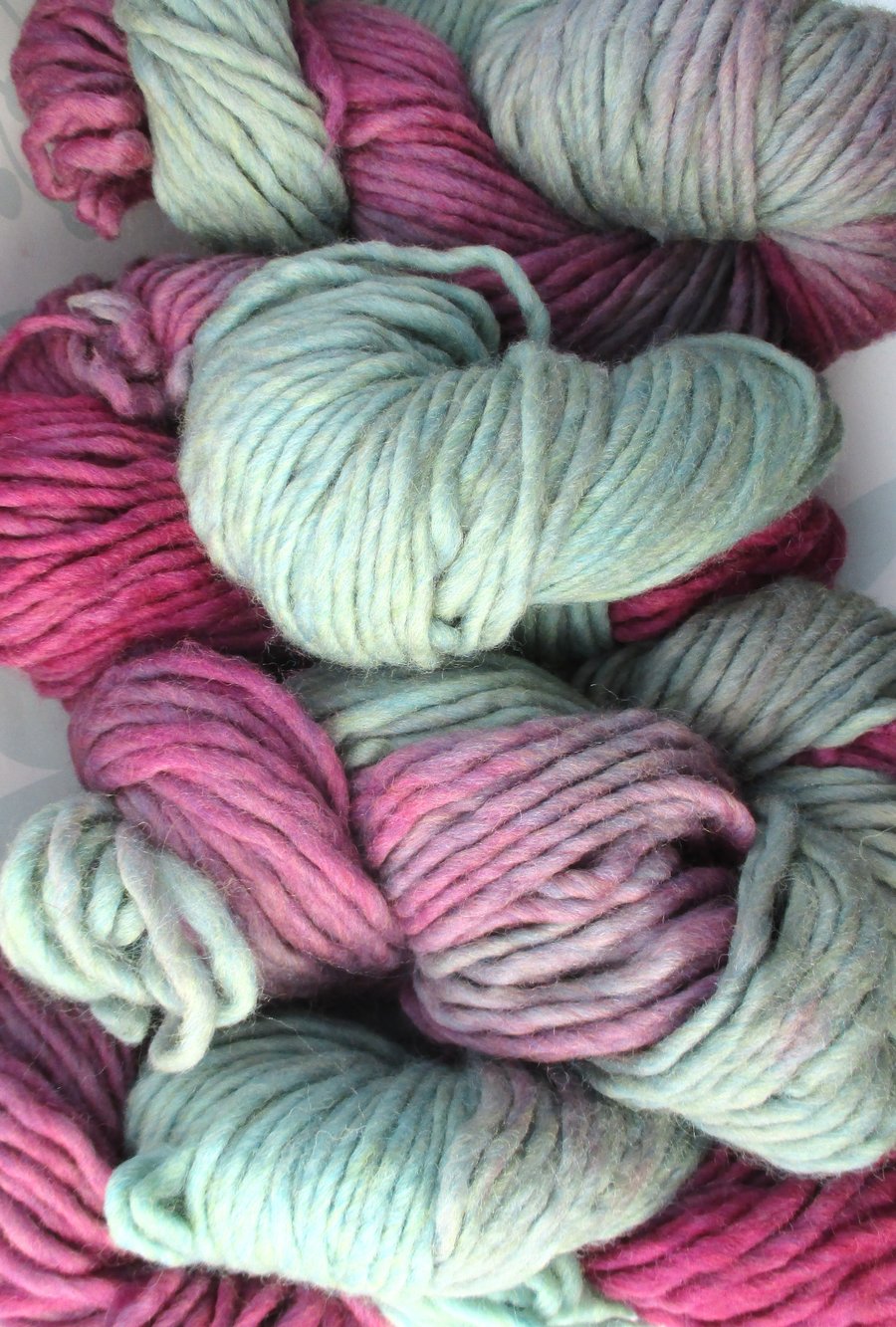 Hand-dyed 100% WOOL SUPER CHUNKY Pale greens & Purple 