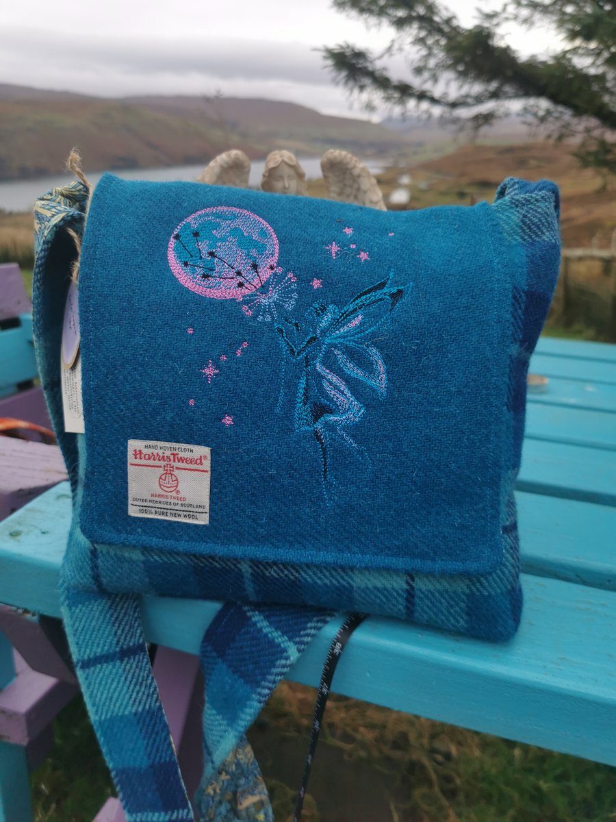 Harris Tweed Bag with embroidered fairy wishing at the moon