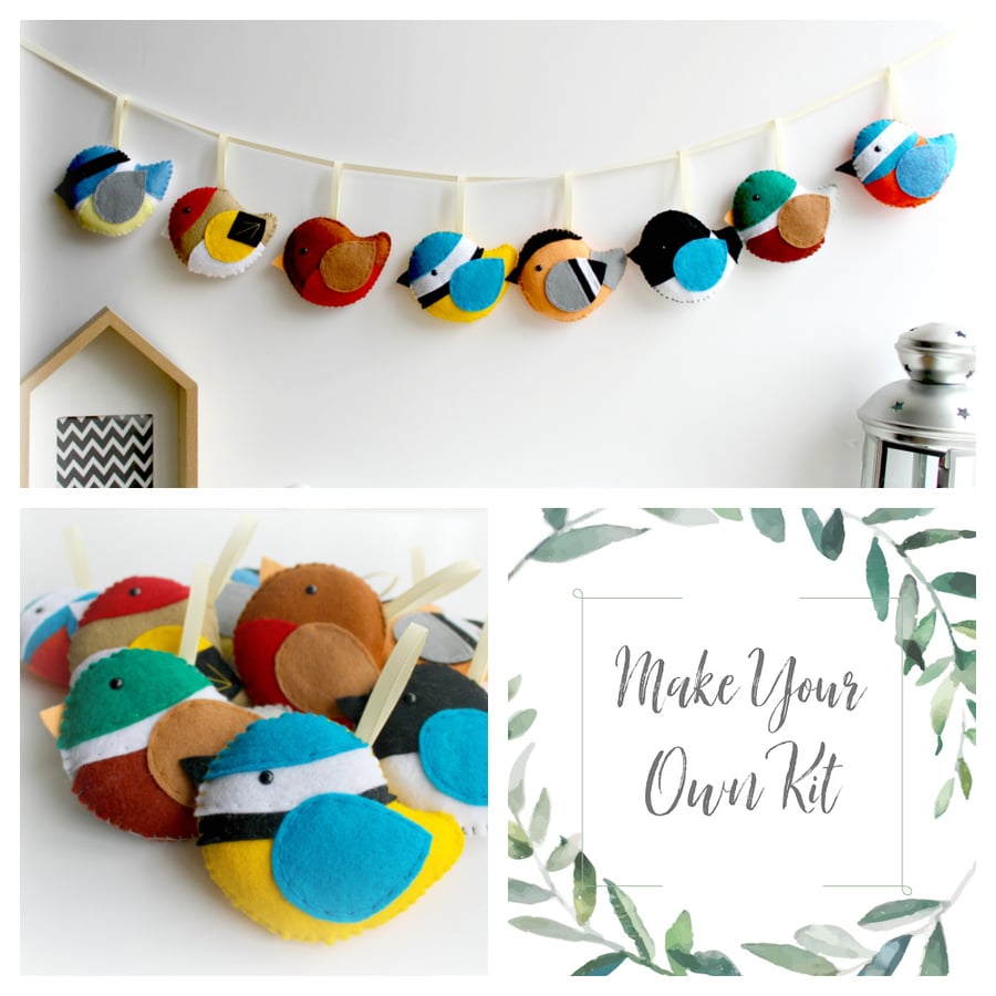 Make Your Own Felt British Birds Garland. Sewing kit to create 8 decorations