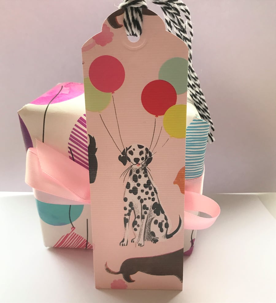 SALE Quirky pink thick sturdy dog themed bookmark black and white twine 6 x2 ins