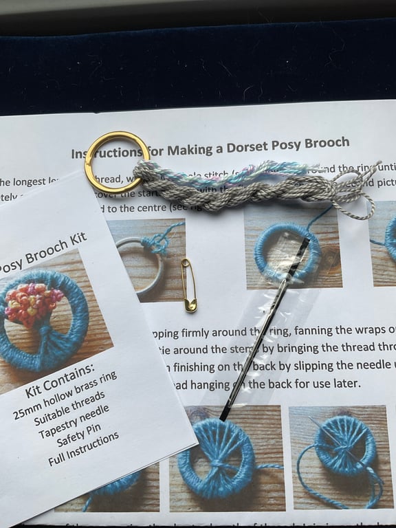 Dorset Posy Brooch Kit, Light Grey Stems with Pastel Blue Flowers, 13