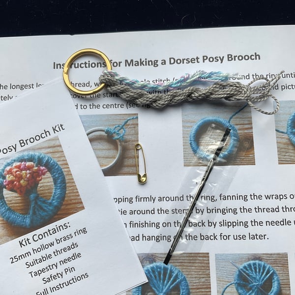 Dorset Posy Brooch Kit, Light Grey Stems with Pastel Blue Flowers, 13