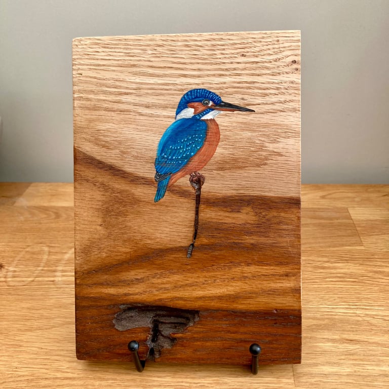 Kingfisher original painting on Oak wood