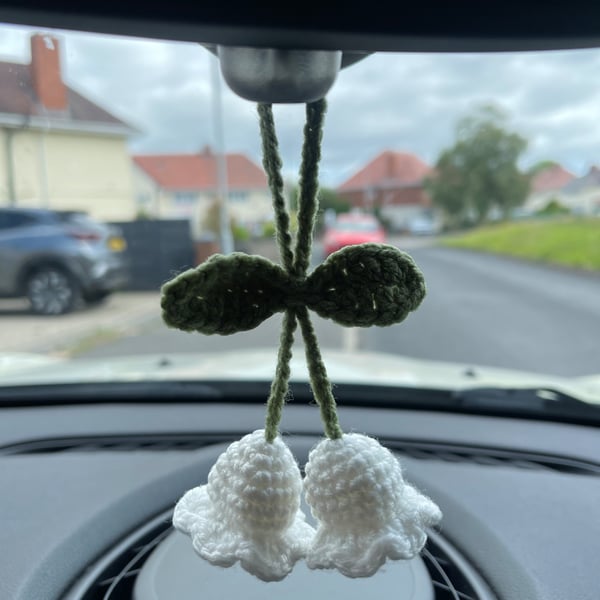 Handmade Crochet Lily of the Valley Car Charm, Custom Colour Floral Decoration