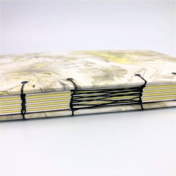 DISCOUNTED Hand Marbled Grey with yellow - A5 hand stitched notebook