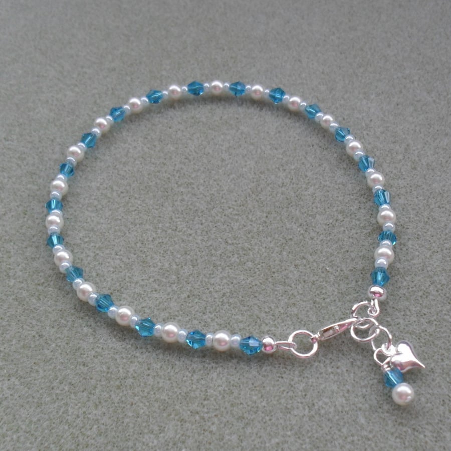 White Glass Pearls and Blue Crystal Beaded Anklet Free P&P in the UK