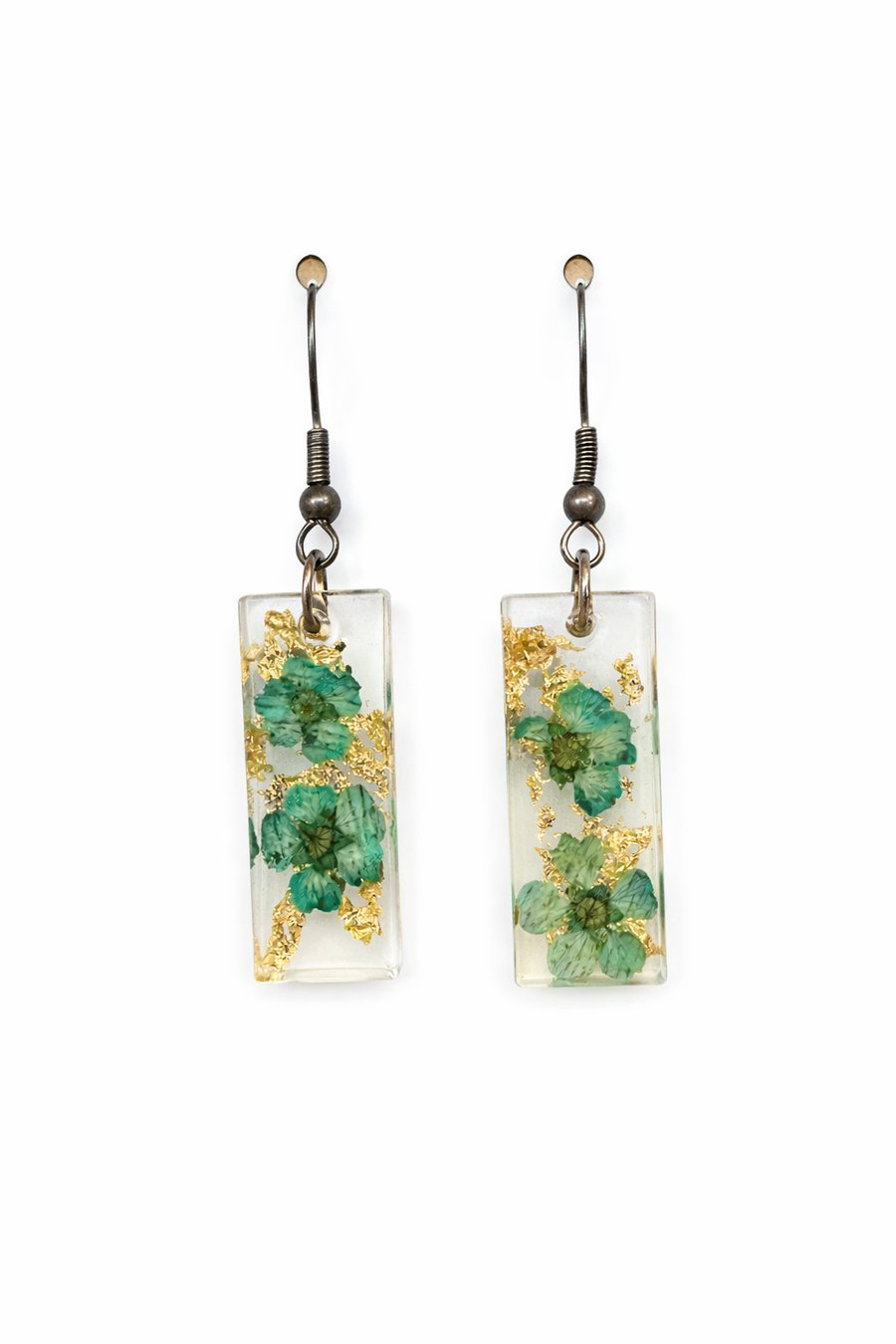 Small Blue Flower Rectangle Resin Dangle Earrings with Gold Leaf – Pastel