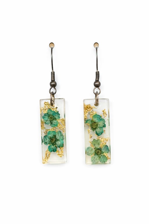 Small Blue Flower Rectangle Resin Dangle Earrings with Gold Leaf – Pastel