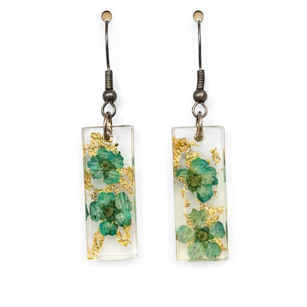 Small Blue Flower Rectangle Resin Dangle Earrings with Gold Leaf – Pastel