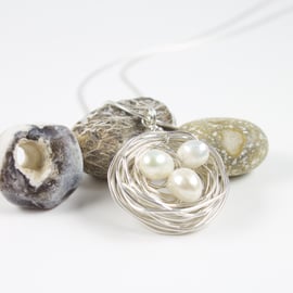 Sterling Silver Nest Pendant with White Freshwater Baroque Pearl Eggs