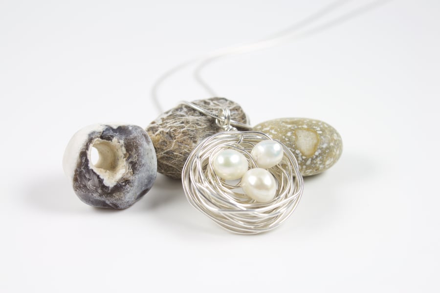 Sterling Silver Nest Pendant with White Freshwater Baroque Pearl Eggs