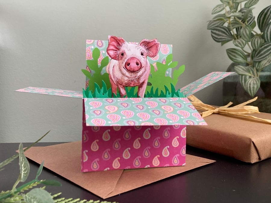 Piglet Card. Personalised or Blank Pig Box Card, 3D Gift card holder.