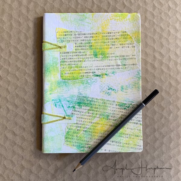 A5 Blank Eco Sketch Book - Lime Green Bright Yellow Hand Stitched & Embellished 