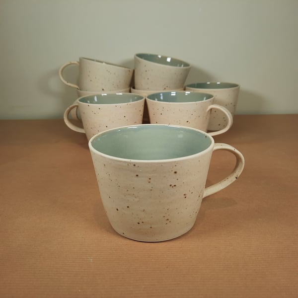  GREEN TURQUOISE CERAMIC MUG- with a cream speckle outside