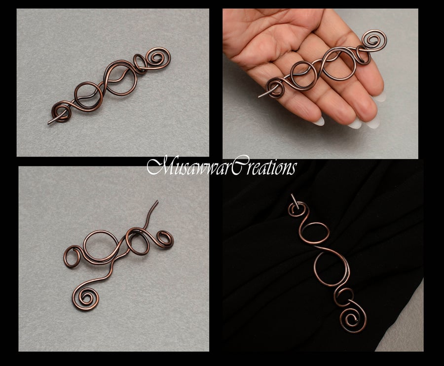 Knitted Scarf Pin – Copper Wire Shawl Pin, Antique Handmade Accessory
