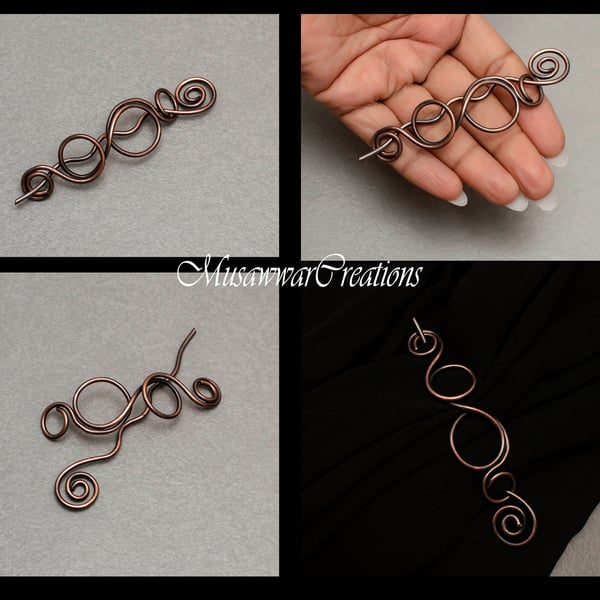Knitted Scarf Pin – Copper Wire Shawl Pin, Antique Handmade Accessory