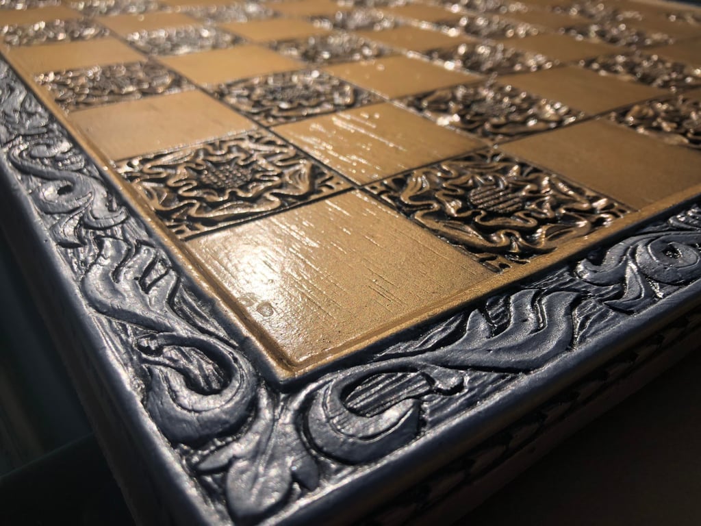 Large Chess board - Silver and Gold York Rose Gothic Motif with Engraved Border 