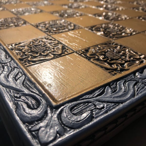 Large Chess board - Silver and Gold York Rose Gothic Motif with Engraved Border 