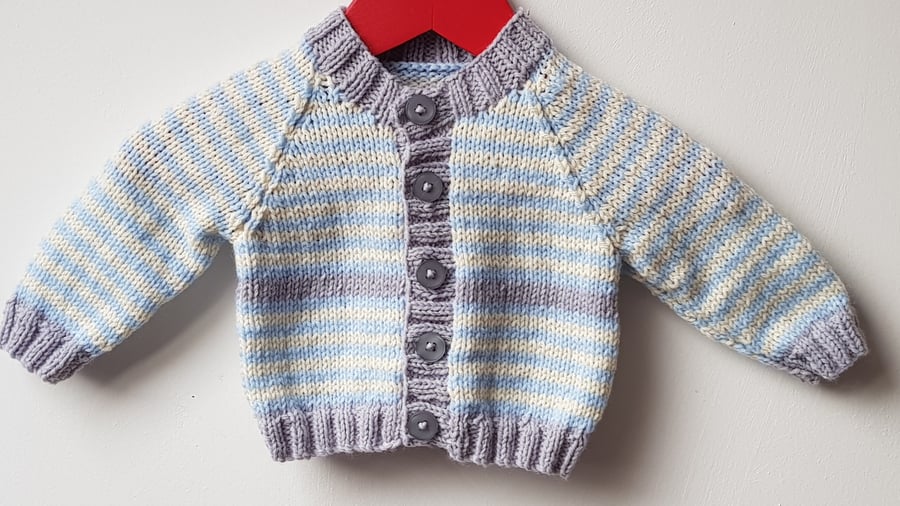 0-3 months, Grey, blue and cream stripe hand knitted baby cardigan