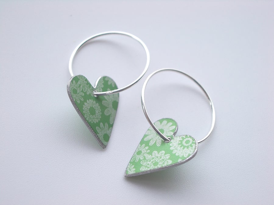 Heart hoop earrings in green with ditsy flower print