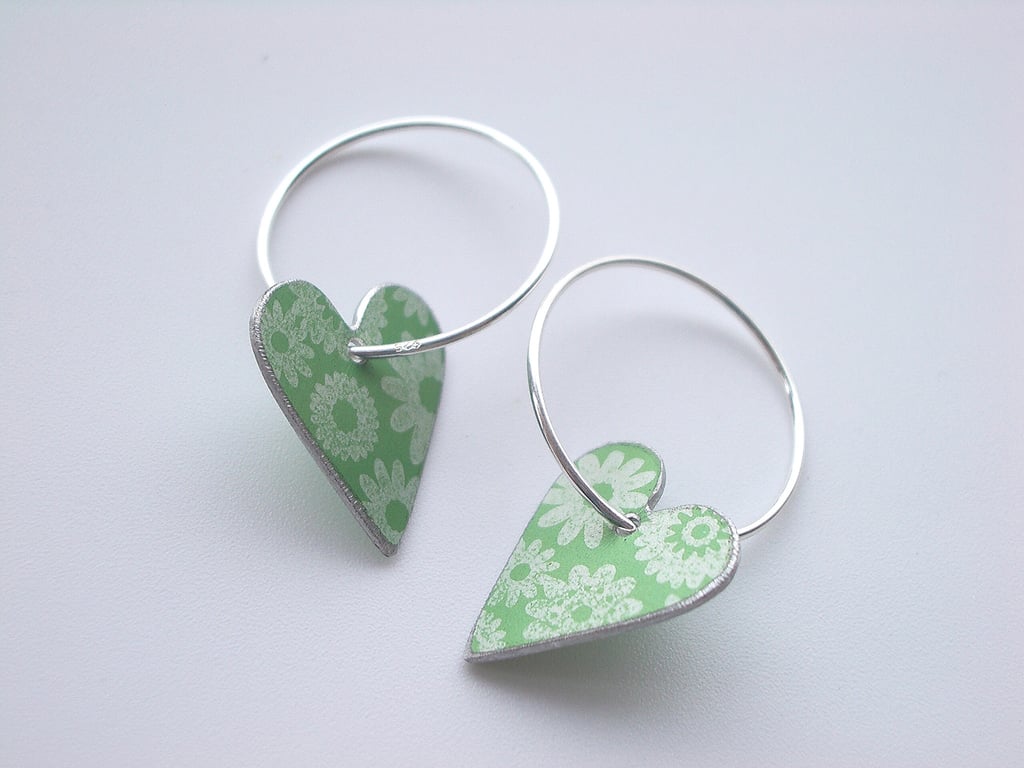 Heart hoop earrings in green with ditsy flower print