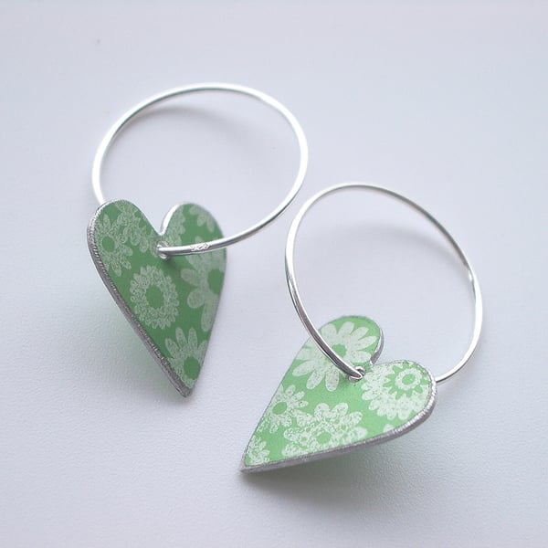 Heart hoop earrings in green with ditsy flower print