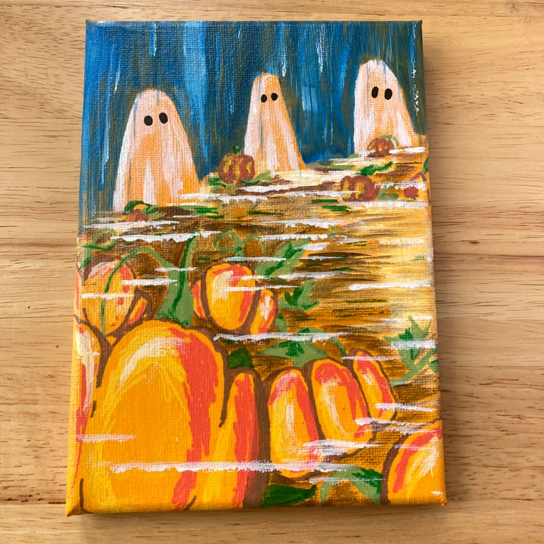 Misty Pumpkin Patch - Acrylic Canvas Original Art On Canvas With Ghosts