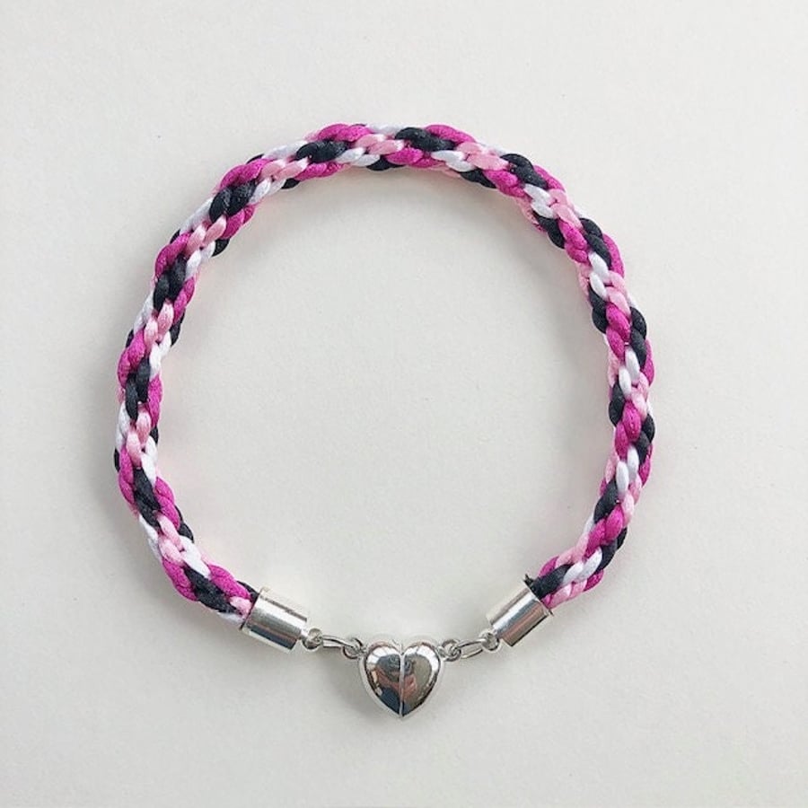 Kumihimo Friendship bracelet in black, white, light pink & deep pink -appr. 7 in