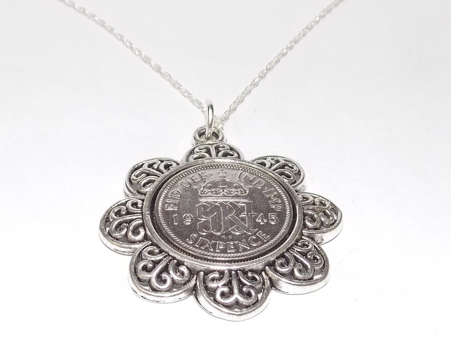 Floral Pendant 1946 Lucky sixpence 75th Birthday plus a Sterling Silver 18in Cha