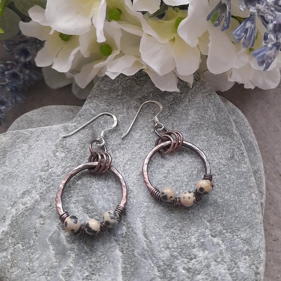Oxidised Copper Hoops Dalmatian Jasper Sterling Silver  Dangle Earrings