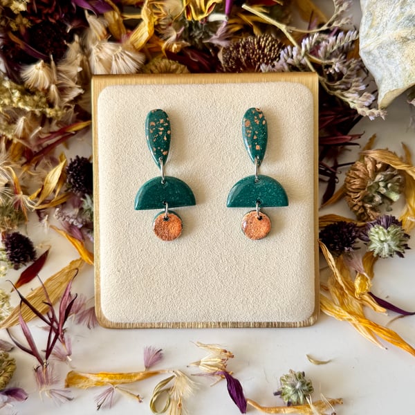 Teal and bronze Almond Circle Drop Earrings 