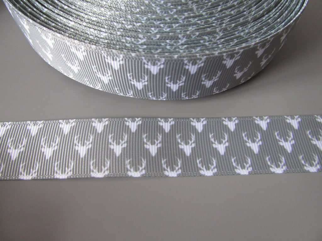 Grey and White Stag 2.2cm Grosgrain Ribbon x 1 metre