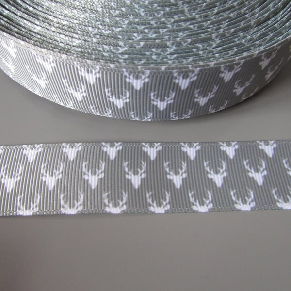 Grey and White Stag 2.2cm Grosgrain Ribbon x 1 metre