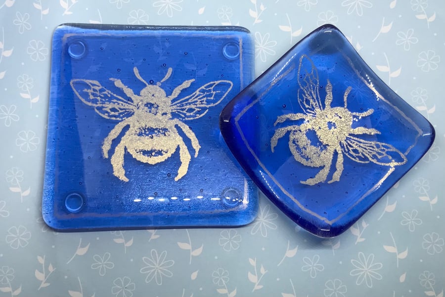 Fused Glass Bee Coaster and Trinket Dish Set