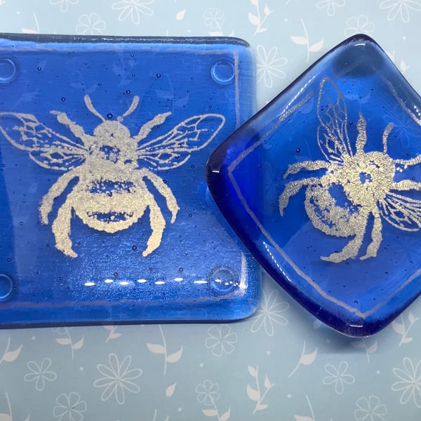 Fused Glass Bee Coaster and Trinket Dish Set