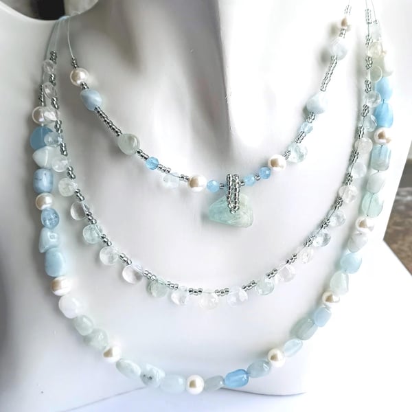 Aquamarine & Shell Pearl Boho Multi Strand Pastel Blue Gemstone Necklace