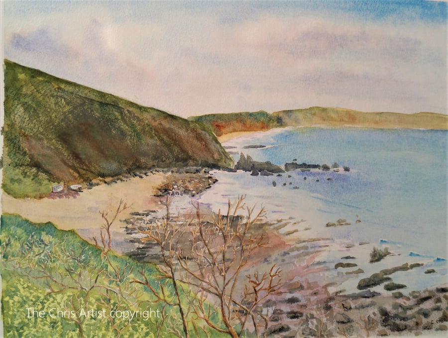 Finnygook Beach Portwrinkle, Cornwall original watercolour oil pastel painting