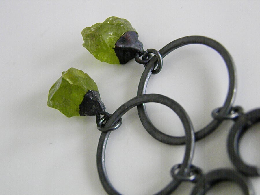 Raw Peridot Earrings with Oxidised Sterling Silver 