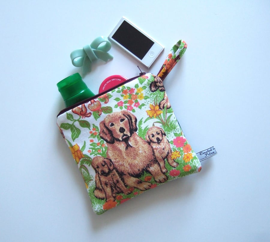 Golden labrador dog vintage tea towel purse, make up bag or pouch