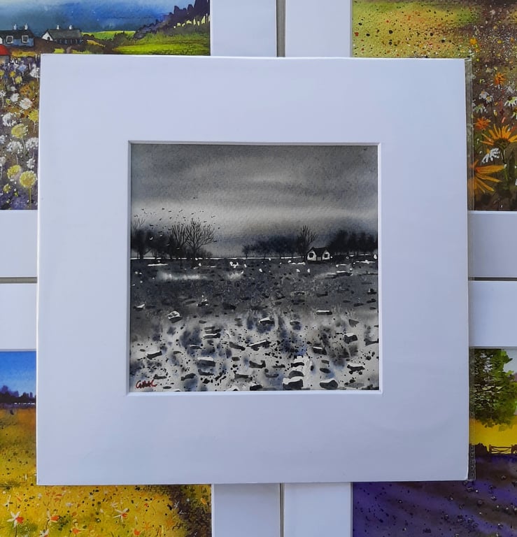 Monochrome Watercolour Landscape Painting Of Moon. Unique Art 