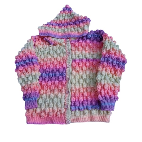 Hand Knitted Girls Cardigan 6-7 years, Multicoloured Bobble Pattern