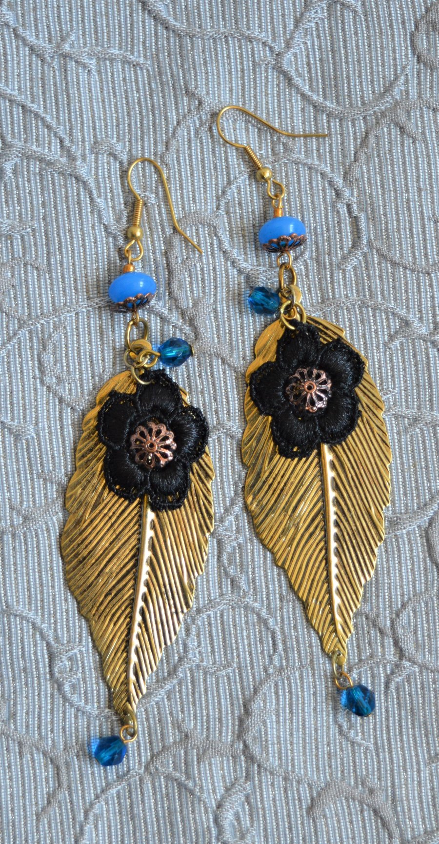 Fashion Dangle Gold & Turquoise Coloured Leaf Drop Earrings