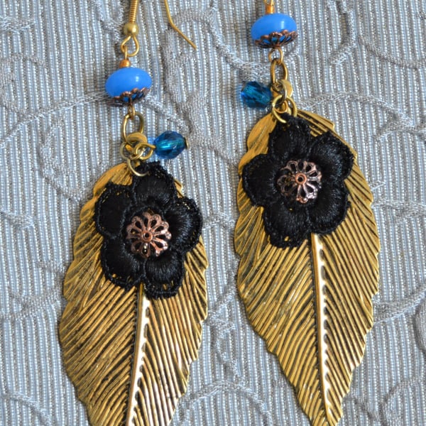 Fashion Dangle Gold & Turquoise Coloured Leaf Drop Earrings