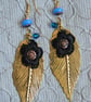 Fashion Dangle Gold & Turquoise Coloured Leaf Drop Earrings - Image 1