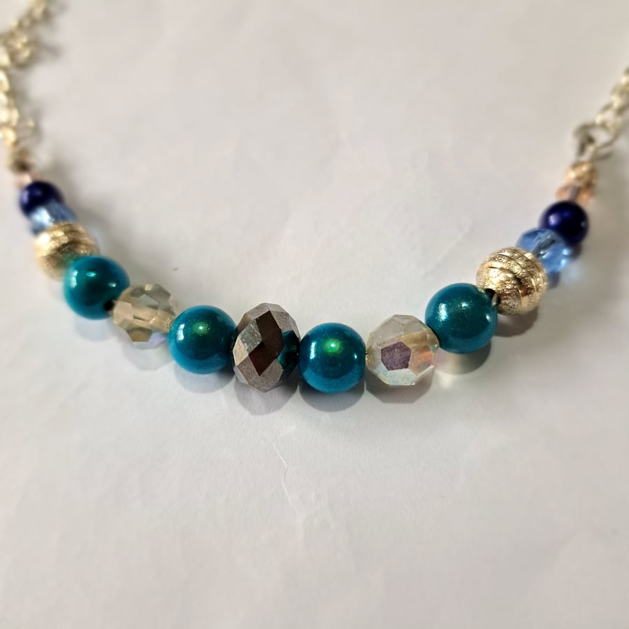 Sparkly beaded necklace, crystals with disco beads and spacers blue and silver