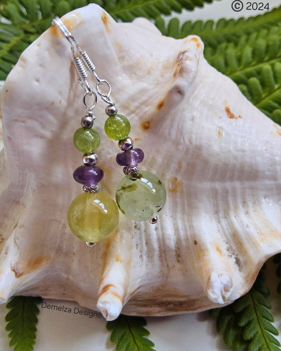 Zambian Amethyst, Peridot & Prehnite Sterling Silver Earrings