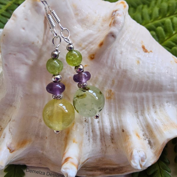 Zambian Amethyst, Peridot & Prehnite Sterling Silver Earrings