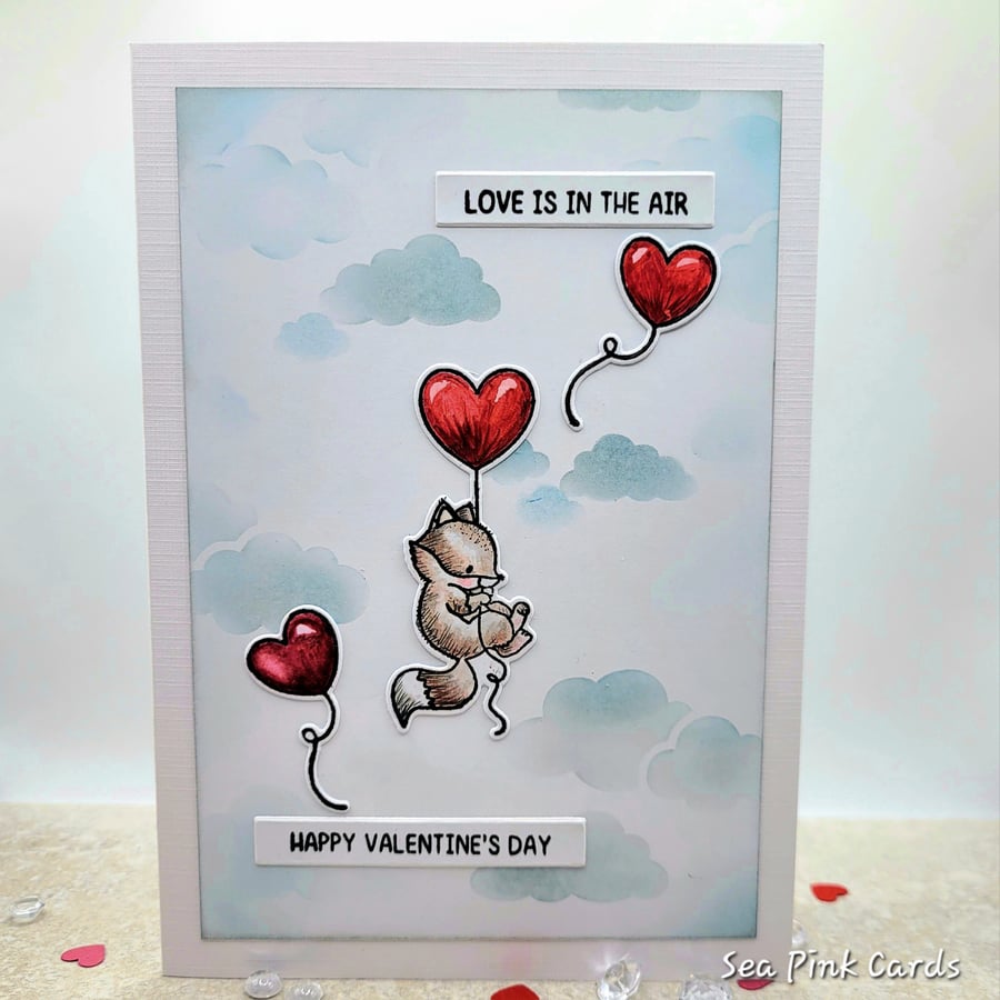 Valentine Card - Fox, Heart Balloons, Clouds, Love is in the Air