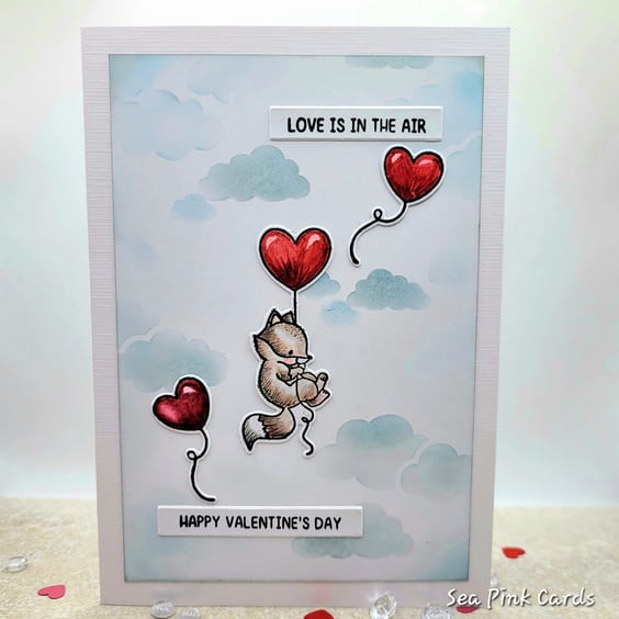 Valentine Card - Fox, Heart Balloons, Clouds, Love is in the Air