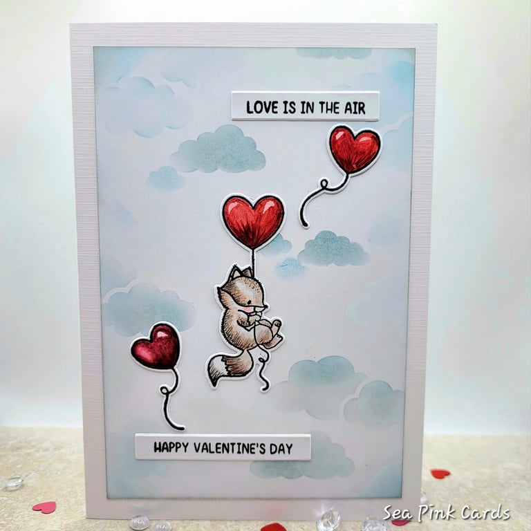 Valentine Card - Fox, Heart Balloons, Clouds, Love is in the Air